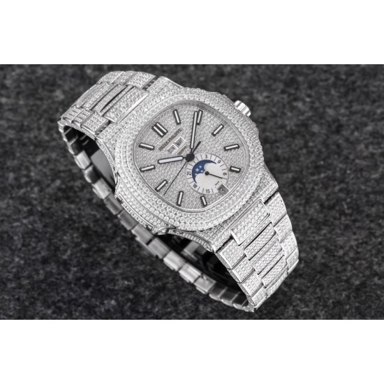 R8 2021年度新品发布, Patek Philippe 百达翡丽运动优雅满天星系列5726/1A-014腕表(鹦鹉螺) 316L精钢镶钻表链表壳,将璀璨的钻石镶嵌入腕间时计,勾人心魂,给阳刚硬朗的运动风格增加了璀璨夺目的光芒,指针、时标刻度覆超强夜光在黑夜为您指引方向,表盘镶嵌施华洛世奇美钻,附月相、日期显示为你呈现满天繁星,搭载定制324 S QA LU 24H/303自动机械(背透机芯),为您的时间保驾护航,尺寸:40.5毫米。 R8 2021年度新品发布, Patek Philippe 百达翡丽运动优雅满天星系列5726/1A-014腕表(鹦鹉螺) 316L精钢镶钻表链表壳,将璀璨的钻石镶嵌入腕间时计,勾人心魂,给阳刚硬朗的运动风格增加了璀璨夺目的光芒,指针、时标刻度覆超强夜光在黑夜为您指引方向,表盘镶嵌施华洛世奇美钻,附月相、日期显示为你呈现满天繁星,搭载定制324 S QA LU 24H/303自动机械(背透机芯),为您的时间保驾护航,尺寸:40.5毫米。