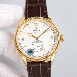 劳力士 ROLEX 恒动1908型，m52508-0006小秒型腕表，是劳力士几百年来第一款透底腕表，腕表尺寸：39mm，独家定制Cal.7140原装机芯，功能外表做到和原装一致；走时精准稳定性！ 3. 红金技术，厚度达到包金一般的标准，腕表重量优化！ 4.搭配意大利小牛皮，双褶扣，皮质柔软细腻更加贴合手腕给您带来舒适的佩戴感！