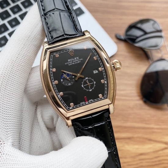 实物拍摄品牌：劳力士-ROLEX  类型：[酷]男士腕表表壳：316精钢（做工优质）表带：进口小牛皮/316精钢（两种可选）机芯：高级定制全自动机械机芯（走时稳定）玻璃：高级强化镀膜镜面尺寸：直径38*43mm，厚度12mm