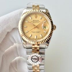 【APEX新品发布】劳力士ROLEX DATEJUST间黄金日志型腕表，包金系列，而且是具有真正K金制作工艺，永久不脱色与掉落特征，而且做工精细，最重要的是区别于以往表带侧面没有包金而呈钢色的现象，现以能呈现出“四面一体”都是真K金的实感！男女都适合的尺寸，并行代购版DATEJUST，完美修正十年间所有副本的不足和缺陷，36mm男女都适合的表径尺寸，搭载ETA2836机并搭配正品代购包装物料，重新定义最高品质的DATEJUST副本，真正的A级副本劳力士DATEJUST。
