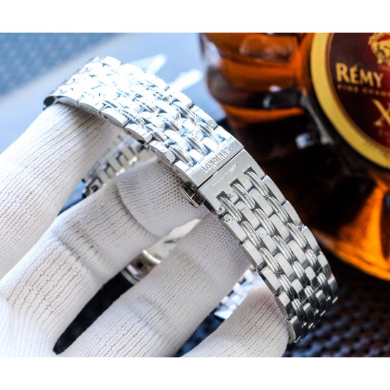 实物拍摄品牌：浪琴-LONGINES  类型：[酷]男士腕表表壳：316精钢（做工优质）表带：进口小牛皮/316精钢（两种可选）机芯：高级定制全自动机械机芯（走时稳定）玻璃：高级强化镀膜镜面尺寸：直径40mm，厚度12mm
