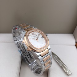 品牌：百达翡丽   鹦鹉系列机芯，瑞士石英女款．直径：32．5mm镜面：顶级蓝宝石镜面  材质：手工镶钻 字面超强夜光。精致表壳，搭配316L精钢带原庄专用扣。值得拥有。