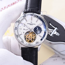 品牌：江诗丹顿 -Vacheron Constantin  类型：[酷]男士夜光腕表表壳：316精钢（做工优质）表带：进口真牛皮/316精钢（两种可选）机芯：高级定制全自动星辰月相驼飞轮机械机芯（走时稳定）玻璃：高级强化镀膜镜面尺寸：直径41mm，厚度13mm。
