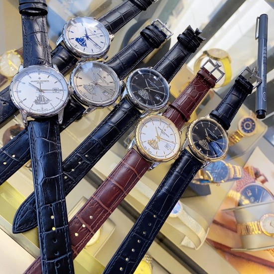 实物拍摄品牌：江诗丹顿 -Vacheron Constantin 最新推出类型：[酷]男士腕表表壳：316精钢（做工优质）表带：进口真牛皮/316精钢（两种可选）机芯：高级定制全自动机械机芯（走时稳定）玻璃：高级强化镀膜镜面尺寸：直径40mm，厚度12.5mm
