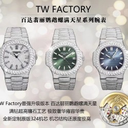 认准这颗芯！TW百达翡丽鹦鹉螺满天星版！1⃣️表盘上12个条形刻度，根据原装5711字钉开模，效果保持了跟原装一致的黑油条形夜光刻度。          2⃣️全新定制原版324机芯，机芯摆轮位置与原装一致，CNC数控技术打造机芯夹板，深度洗花和刻字，效果保持了原装应有的细节，机芯结构还原度极高。3⃣️圈口目前唯一使用大钻镶石工艺，历经无数次的加工工艺，不计成本，只为还原正品后镶钻的效果，终于大功告成！4⃣️指针升级：秒针中心点升级为针轴秒针。每处细节都做到了极致！欢迎品鉴！