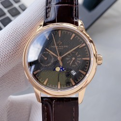 PP最新款式 百达翡丽Patek Philippe 搭配进口9100多功能机芯（零返修）功能（24小时,星期，星辰，月份）进口316精钢！搭配意大利进口小牛皮！原装折叠扣！尺寸42mm。耐磨防刮蓝宝石玻璃！超强防水50米！简约而不简单！百达翡丽，你值得拥有！