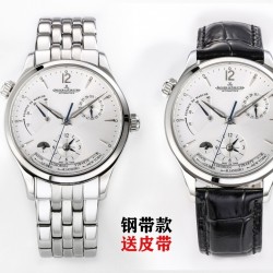 V9 积家 JL 大师系列1428121 J28 钢带经过长达3年时间精心研发，13套大大小小零散模具，39道工序的磨合，每一个菱角.细角凹凸明显可见，对表图明显无差异！39毫米 的直径设计(尺寸专柜一样，非42不对版），表盘布置10点钟的动能显示窗， 2点钟的日历显示盘，6点钟位置的第二时区显示盘，还有最下面的世界时显示窗，搭配的完美无瑕，堪称经典之作。搭载积家自动的CaL.939自动上链机芯。欢迎品鉴！