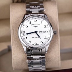 品牌：浪情-LONGINES⚡️型号：名匠系列男士双历腕表机芯：搭载顶级ETA2836全自动机械机芯，摆幅28800，动力储备48小时+，超薄机芯玻璃：防刮耐磨蓝宝玻璃镜面 表壳：316精钢表壳 超薄纤细原装同步壳身 三度防水，尺寸：38.5/9mm细节：字面、表针细节原版同步库存：备货充裕，全系总量500+附件：配送独家定制专柜同步运输木盒