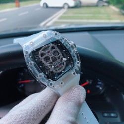 SJ出品 理查德米勒【RICHARD MILLE】J11 采用最新玻璃透明壳  最新升級特别版  RM052 鬼头经典传奇 永不落后  镂空骷髅头腕表．骷髅头轮廓突出，造型霸气不羁，具有震撼人心的魅力。搭配艳耀色彩的橡胶轻便表带，更拉风，更前卫。缤纷盛夏，换上短袖T恤的你，腕间搭上霸气十足的表款 彰显个性十足的气质 天然植物橡胶表带 霸气的尺寸43x50mm ，三杰精致推荐男士机械腕表 SJ为你精心挑选超真实实物图拍摄