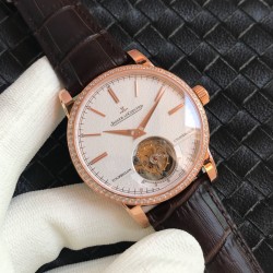 积家 大师系列 5082420（全自动真陀飞轮）2017日内瓦钟表全新推出积家Tourbillon陀飞轮系列腕表 这枚陀飞轮具有优雅的外观和精湛的工艺 表径42m 透过蓝宝石水晶玻璃底盖可一览积家全自动真陀飞轮机械机芯的律动之美 机芯以每一个28800次振频运转