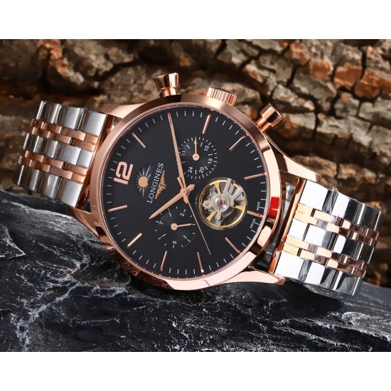实物拍摄品牌：浪琴-LONGINES 百分百防水类型：[酷]男士腕表表壳：316精钢（做工优质）表带：进口小牛带/316精钢（两种可选）机芯：高级定制全自动机械机芯（走时稳定）玻璃：高级强化镀膜镜面尺寸：直径43mm，厚度13mm