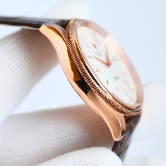 包金 劳力士 ROLEX 切利尼系列:RW1 时间型50505[尺寸]:39*11mm一体自动机 而稳定，大三针、一档无日历切利尼标志性圆拱形三角坑纹外圈[指针]:瑞士顶级批花工艺  【镜面】防刮蓝宝石水晶镜面air双层无色镀膜[表带】意大利小牛皮表带，质地柔软，佩戴舒适【表扣]原装开模针扣方便使用 S1精致推荐男士机械腕表
