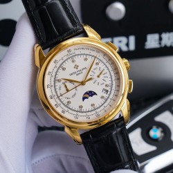 新款 百达翡丽 （实拍图）Patek   Philippe 贵族的艺术品！搭配进口9100多功能机芯（0返修）功能（24小时,星期，星辰，月份）进口316精钢！搭配意大利进口小牛皮！原装折叠扣！尺寸42mm。耐磨防刮蓝宝石玻璃！超强防水50米！简约而不简单！你永远无法拥有一块百达翡丽，你只是在替你的后代保管他.  (  慎重承诺 ： 产品实物光泽手感更佳精湛  字盘刻度栩栩如生  壳套工艺都是宗师级别轻身检验 加上新时代机器高技锻造  上手震撼尊贵非凡。你值得拥有！⚠️请认准独家品质