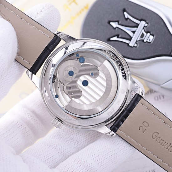 品牌：江诗丹顿 -Vacheron Constantin  类型：[酷]男士夜光腕表表壳：316精钢（做工优质）表带：进口真牛皮/316精钢（两种可选）机芯：高级定制全自动星辰月相驼飞轮机械机芯（走时稳定）玻璃：高级强化镀膜镜面尺寸：直径41mm，厚度13mm。