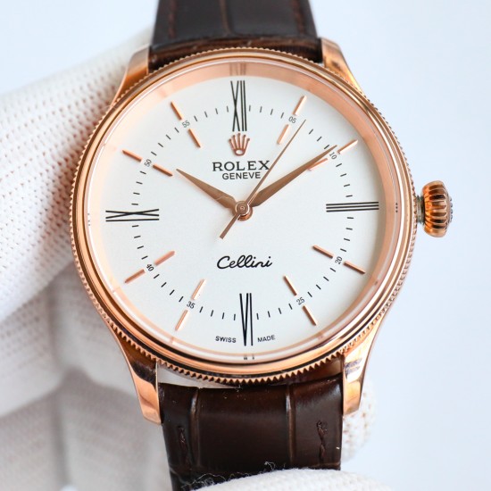 包金 劳力士 ROLEX 切利尼系列:RW1 时间型50505[尺寸]:39*11mm一体自动机 而稳定，大三针、一档无日历切利尼标志性圆拱形三角坑纹外圈[指针]:瑞士顶级批花工艺  【镜面】防刮蓝宝石水晶镜面air双层无色镀膜[表带】意大利小牛皮表带，质地柔软，佩戴舒适【表扣]原装开模针扣方便使用 S1精致推荐男士机械腕表