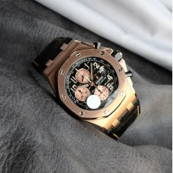 JF推荐：爱彼皇家橡树离岸型系列26470OR.OO.A002CR.02腕表，红金表壳，黑色表盘镌刻“Mga Tapisserie”超大型格纹装饰，搭配玫瑰金色副表盘，玫瑰金荧光立体时标和皇家橡树指针，黑色内表圈，3126型自动机械，42毫米。