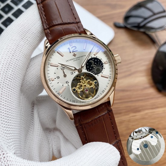 实物拍摄品牌：江诗丹顿 -Vacheron Constantin类型：[酷]男士腕表表壳：316精钢（做工优质）表带：进口真牛皮/316精钢（两种可选）机芯：高级定制全自动机械机芯（走时稳定）玻璃：高级强化镀膜镜面尺寸：直径41mm，厚度12.5mm