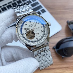 实物拍摄品牌：浪琴-LONGINES 类型：[酷]男士腕表表壳：316精钢（做工优质）表带：进口小牛皮/316精钢（两种可选）机芯：高级定制全自动机械机芯（走时稳定）玻璃：高级强化镀膜镜面尺寸：直径40mm，厚度12mm