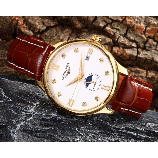 实物拍摄品牌：浪琴-LONGINES 类型：[酷]男士腕表表壳：316精钢（做工优质）表带：进口小牛皮/316精钢（两种可选）机芯：高级定制全自动机械机芯（走时稳定）玻璃：高级强化镀膜镜面尺寸：直径40mm，厚度12.5mm