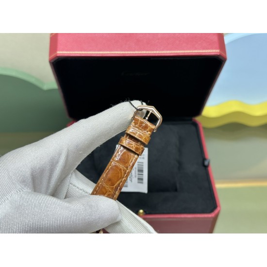Dr 卡地亚金棕小坦克小号18K玫瑰金搭配进口美洲鳄鱼皮皮带