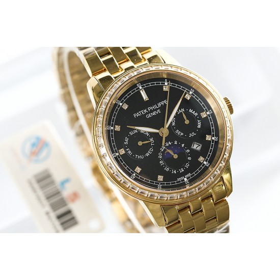 年末巨献“pp时尚新款 PATEK PHILIPPE【新年巨献 最高版本】百达翡丽超级复杂多功能系列(5721P-002)ZF厂高品质钢带款变运动系列原装9100升级版机芯。所有功能同正品(3字位月份显示 6字位24小时显示 9字位24小时和日月星辰显示),和原装一样的带水平压纹工艺,带荧光刻度 ,41mm直径。316L精钢镀金,原装进口蓝宝石水晶镜面。5721和5721P款的外钻为施华洛世奇钻,通透闪亮,气质非凡。在目前技术范畴内尽可能接近原装,此款腕表让您驾驭所有场合。 年末巨献“pp时尚新款 PATEK PHILIPPE【新年巨献 最高版本】百达翡丽超级复杂多功能系列(5721P-002)ZF厂高品质钢带款变运动系列原装9100升级版机芯。所有功能同正品(3字位月份显示 6字位24小时显示 9字位24小时和日月星辰显示),和原装一样的带水平压纹工艺,带荧光刻度 ,41mm直径。316L精钢镀金,原装进口蓝宝石水晶镜面。5721和5721P款的外钻为施华洛世奇钻,通透闪亮,气质非凡。在目前技术范畴内尽可能接近原装,此款腕表让您驾驭所有场合。