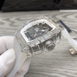 理查德 全新AET X RM055-RM035-02  透明水晶版本，限量款 颜值绝对的爆表水晶材料，游戏 德国工艺  所谓的付二代看过来了喂，米勒欧洲工厂代加工改装的  帮你省掉2000多万这里不贵然后就可以实现你带水晶出街的梦想，搭配进口稳定西铁城机械 独特个性全镂空无表盘设计！
