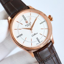 包金 劳力士 ROLEX 切利尼系列:RW1 时间型50505[尺寸]:39*11mm一体自动机 而稳定，大三针、一档无日历切利尼标志性圆拱形三角坑纹外圈[指针]:瑞士顶级批花工艺  【镜面】防刮蓝宝石水晶镜面air双层无色镀膜[表带】意大利小牛皮表带，质地柔软，佩戴舒适【表扣]原装开模针扣方便使用 S1精致推荐男士机械腕表