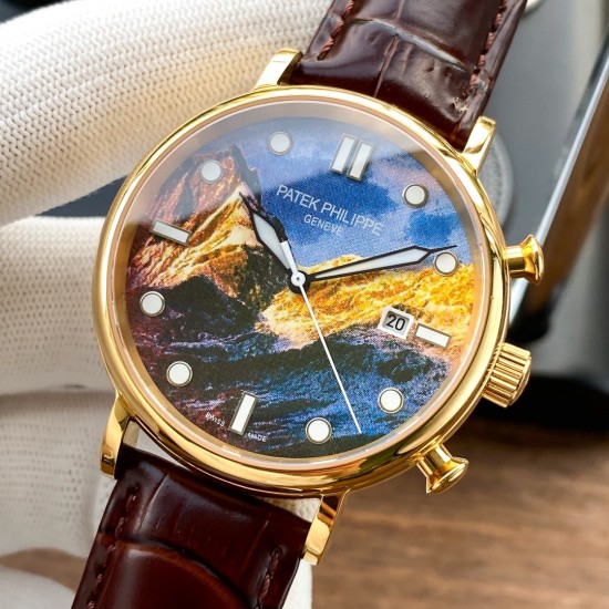 实物拍摄品牌：百达翡丽-PATEK PHILPPE 类型：[酷]男士腕表表壳：316精钢（做工优质）表带：进口小牛皮/原装针扣机芯：进口西铁城8215全自动机械机芯(走时稳定)材料：高级强化镀膜镜面尺寸：直径40mm 厚度12mm