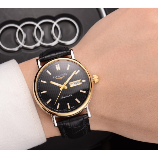 浪琴(LONGINES)✨✨✨火爆新品 搭载瑞士全自动机械机芯  316精钢表壳 大气三针双历设计 简约时尚 优雅尊贵 进口镀膜超强镜面 真牛皮表带 商务休闲 精致型男首选 [玫瑰][玫瑰][玫瑰] 直径42mm 厚11mm