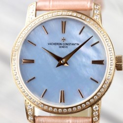 实拍 TK新品江诗丹顿传袭超薄系列-Vacheron Constantin 专为女神打造的，奢华时尚，采用进口316钢表壳，搭配原装进口9015机芯（0返修），天然蓝宝石玻璃镜面，直径33mm，超薄工艺7.8mm，超强防水30米，竹节纹进口小牛皮表带，