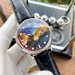 实物拍摄品牌：百达翡丽-PATEK PHILPPE 类型：[酷]男士腕表表壳：316精钢（做工优质）表带：进口小牛皮/原装针扣机芯：进口西铁城8215全自动机械机芯(走时稳定)材料：高级强化镀膜镜面尺寸：直径40mm 厚度12mm