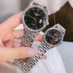 LONGINES】最新情侣款 原装进口石英机    316L精钢表壳 矿物质超强玻璃镜面   进口真牛皮表带/精钢表带  女款直径30mm厚8m男款直径40厚底8m