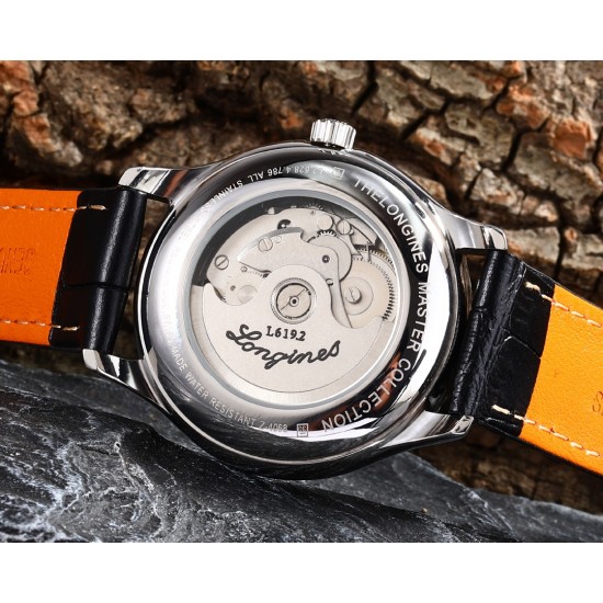 实物拍摄品牌：浪琴-LONGINES 类型：[酷]男士腕表表壳：316精钢（做工优质）表带：进口小牛皮/316精钢（两种可选）机芯：高级定制全自动机械机芯（走时稳定）玻璃：高级强化镀膜镜面尺寸：直径40mm，厚度12.5mm