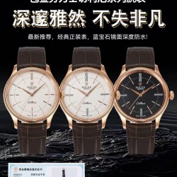 包金 劳力士 ROLEX 切利尼系列:RW1 时间型50505[尺寸]:39*11mm一体自动机 而稳定，大三针、一档无日历切利尼标志性圆拱形三角坑纹外圈[指针]:瑞士顶级批花工艺  【镜面】防刮蓝宝石水晶镜面air双层无色镀膜[表带】意大利小牛皮表带，质地柔软，佩戴舒适【表扣]原装开模针扣方便使用 S1精致推荐男士机械腕表