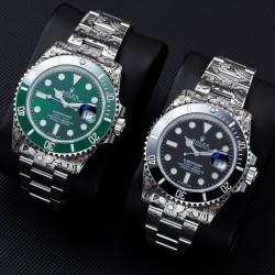 ROLEX劳力士水鬼搭配 纯手工雕花效果，仿佛枯燥的时间机器赋予了桀骜不羁的灵魂，真正的西装暴徒。一跃而起腾起的水花，将鲤鱼衬托得动感十足，寓意锦鲤化龙转运，势必风生水起。整表搭载最新版3135机芯，所有配件原厂互换。以最小的代价玩最酷的表，欢迎品鉴！！！