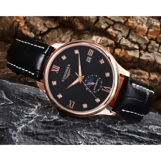 实物拍摄品牌：浪琴-LONGINES 类型：[酷]男士腕表表壳：316精钢（做工优质）表带：进口小牛皮/316精钢（两种可选）机芯：高级定制全自动机械机芯（走时稳定）玻璃：高级强化镀膜镜面尺寸：直径40mm，厚度12.5mm