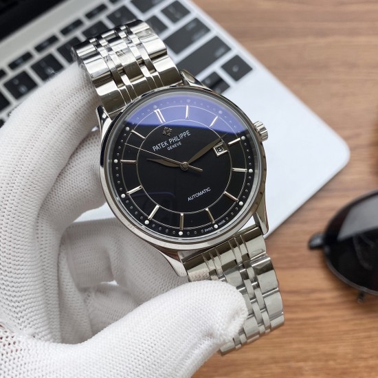 实物拍摄品牌：百达翡丽-PATEK PHILPPE 类型：[酷]男士腕表表壳：316精钢（做工优质）表带：进口小牛皮/316精钢(两种可选)机芯：高级定制全自动机械机芯(走时稳定)材料：高级强化镀膜镜面尺寸：直径40mm 厚度12mm