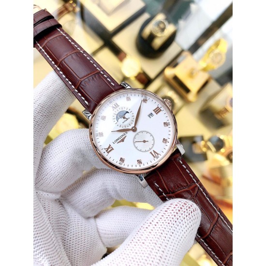 品牌:浪琴-LONGINES 表带:进口小牛皮/316精钢机芯:全自动机械机芯玻璃:高级强化镀膜镜面尺寸:直径40mm,厚度12mm 品牌:浪琴-LONGINES 表带:进口小牛皮/316精钢机芯:全自动机械机芯玻璃:高级强化镀膜镜面尺寸:直径40mm,厚度12mm