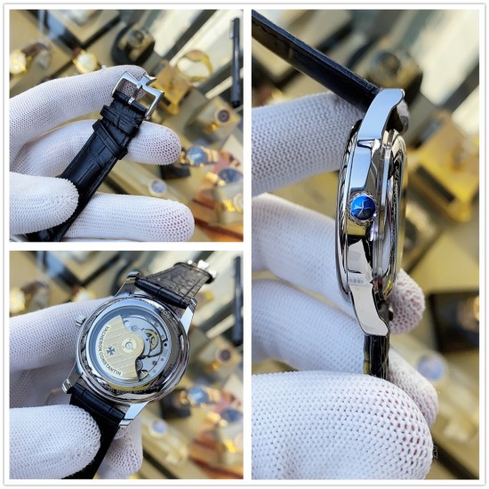 实物拍摄品牌：江诗丹顿 -Vacheron Constantin 最新推出类型：[酷]男士腕表表壳：316精钢（做工优质）表带：进口真牛皮/316精钢（两种可选）机芯：高级定制全自动机械机芯（走时稳定）玻璃：高级强化镀膜镜面尺寸：直径40mm，厚度12.5mm