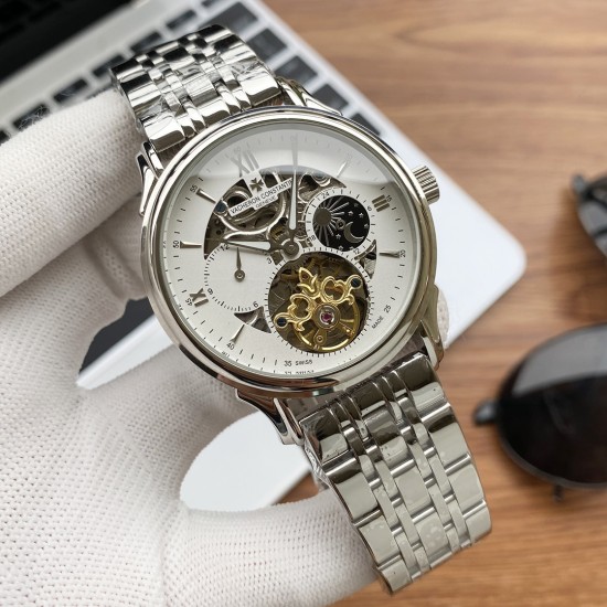 实物拍摄品牌：江诗丹顿 -Vacheron Constantin类型：[酷]男士腕表表壳：316精钢（做工优质）表带：进口真牛皮/316精钢（两种可选）机芯：高级定制全自动机械机芯（走时稳定）玻璃：高级强化镀膜镜面尺寸：直径41mm，厚度12.5mm