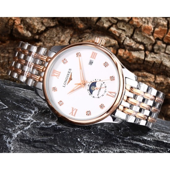 实物拍摄品牌：浪琴-LONGINES 类型：[酷]男士腕表表壳：316精钢（做工优质）表带：进口小牛皮/316精钢（两种可选）机芯：高级定制全自动机械机芯（走时稳定）玻璃：高级强化镀膜镜面尺寸：直径40mm，厚度12.5mm