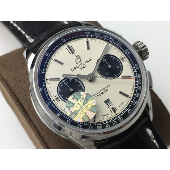 GF新品百年灵璞雅B01计时腕表Premier B01 Chronograph (吴彦祖同款)材质: 316L精钢直径: 42毫米厚度: 13.65毫米表镜: 锅盖弧面蓝宝石,双面防眩处理表底: 旋入式精钢,透明蓝宝石表冠: 非旋入式,双密封垫机芯:Asia-7750机芯GF出品,复刻首选! GF新品百年灵璞雅B01计时腕表Premier B01 Chronograph (吴彦祖同款)材质: 316L精钢直径: 42毫米厚度: 13.65毫米表镜: 锅盖弧面蓝宝石,双面防眩处理表底: 旋入式精钢,透明蓝宝石表冠: 非旋入式,双密封垫机芯:Asia-7750机芯GF出品,复刻首选!