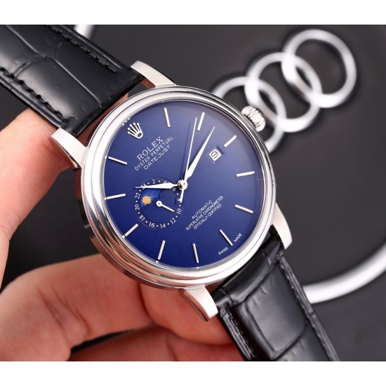 实物拍摄品牌：劳力士-ROLEX 类型：[酷]男士腕表表壳：316精钢（做工优质）表带：进口小牛皮/316精钢(两种可选)机芯：进口8217全自动机械机芯（走时稳定）玻璃：高级强化镀膜镜面尺寸：直径40mm，厚度12mm