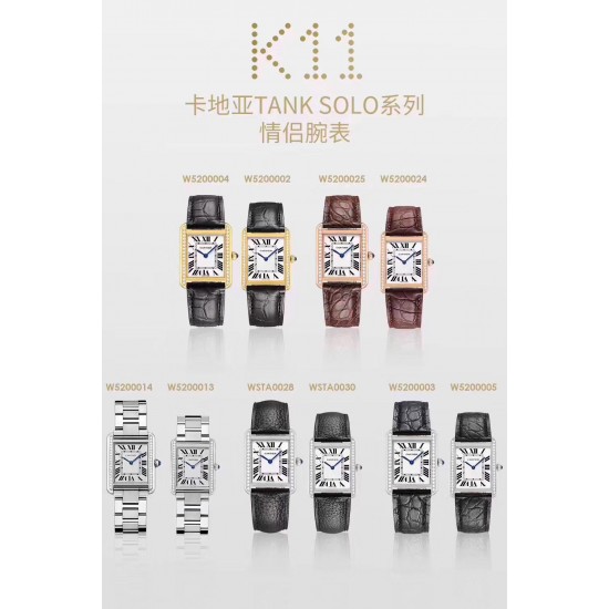 K11厂出品！升级V2版[强][强][强]顶级完美复刻的卡地亚TANK 坦克系列，[闪电]精钢版[闪电]有小号2431,中号2734,两个尺寸，顶级完美复刻，细节打磨，指针颜色，把头弧度，原厂鳄鱼皮带，底盖编码，均与正品一致！配贴码，一表一码！十种颜色表带！