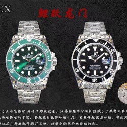ROLEX劳力士水鬼搭配 纯手工雕花效果，仿佛枯燥的时间机器赋予了桀骜不羁的灵魂，真正的西装暴徒。一跃而起腾起的水花，将鲤鱼衬托得动感十足，寓意锦鲤化龙转运，势必风生水起。整表搭载最新版3135机芯，所有配件原厂互换。以最小的代价玩最酷的表，欢迎品鉴！！！