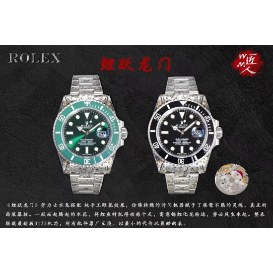 ROLEX劳力士水鬼搭配 纯手工雕花效果,仿佛枯燥的时间机器赋予了桀骜不羁的灵魂,真正的西装暴徒。一跃而起腾起的水花,将鲤鱼衬托得动感十足,寓意锦鲤化龙转运,势必风生水起。整表搭载最新版3135机芯,所有配件原厂互换。以最小的代价玩最酷的表,欢迎品鉴!!! ROLEX劳力士水鬼搭配 纯手工雕花效果,仿佛枯燥的时间机器赋予了桀骜不羁的灵魂,真正的西装暴徒。一跃而起腾起的水花,将鲤鱼衬托得动感十足,寓意锦鲤化龙转运,势必风生水起。整表搭载最新版3135机芯,所有配件原厂互换。以最小的代价玩最酷的表,欢迎品鉴!!!