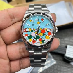 彩色泡泡ROLEX 劳力士  蚝式恒动型 超卓性能，高效稳定，三格链节舒适度极佳，圆拱型外圈搭配上对版的彩色表盘，非常独特的设计，在光线下会有一种莹润，透亮的感觉# 字体样式 模具均选与ROLEX相同字体，防刮损蓝宝石玻璃镜面，旋入式表冠，双扣锁双重防水！表扣内侧外侧图标细节同原版激光雕刻工艺，瑞士冰蓝色棒状时标夜光！