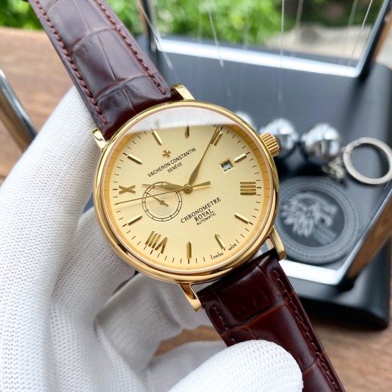 实物拍摄品牌：江诗丹顿 -Vacheron Constantin  类型：[酷]男士腕表表壳：316精钢（做工优质）表带：进口真牛皮/原装针扣机芯：进口西铁城8215全自动机械机芯（走时稳定）玻璃：高级强化镀膜镜面尺寸：直径40mm，厚度12.5mm