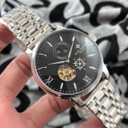 实物拍摄品牌：百达翡丽-PATEK PHILPPE 类型：[酷]男士腕表表壳：316精钢（做工优质）表带：进口小牛皮/316精钢(两种可选)机芯：高级定制全自动机械机芯(走时稳定)材料：高级强化镀膜镜面尺寸：直径40mm 厚度12.5mm