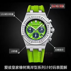 品牌：爱彼-AP系列：皇家橡树离岸型系列类型：女士计时腕表材料：316L精钢机芯：石英VK67机表镜：防眩光处理水晶玻璃表带：高级进口料胶带表扣：原装折叠扣尺寸：37mmx11.5mm
